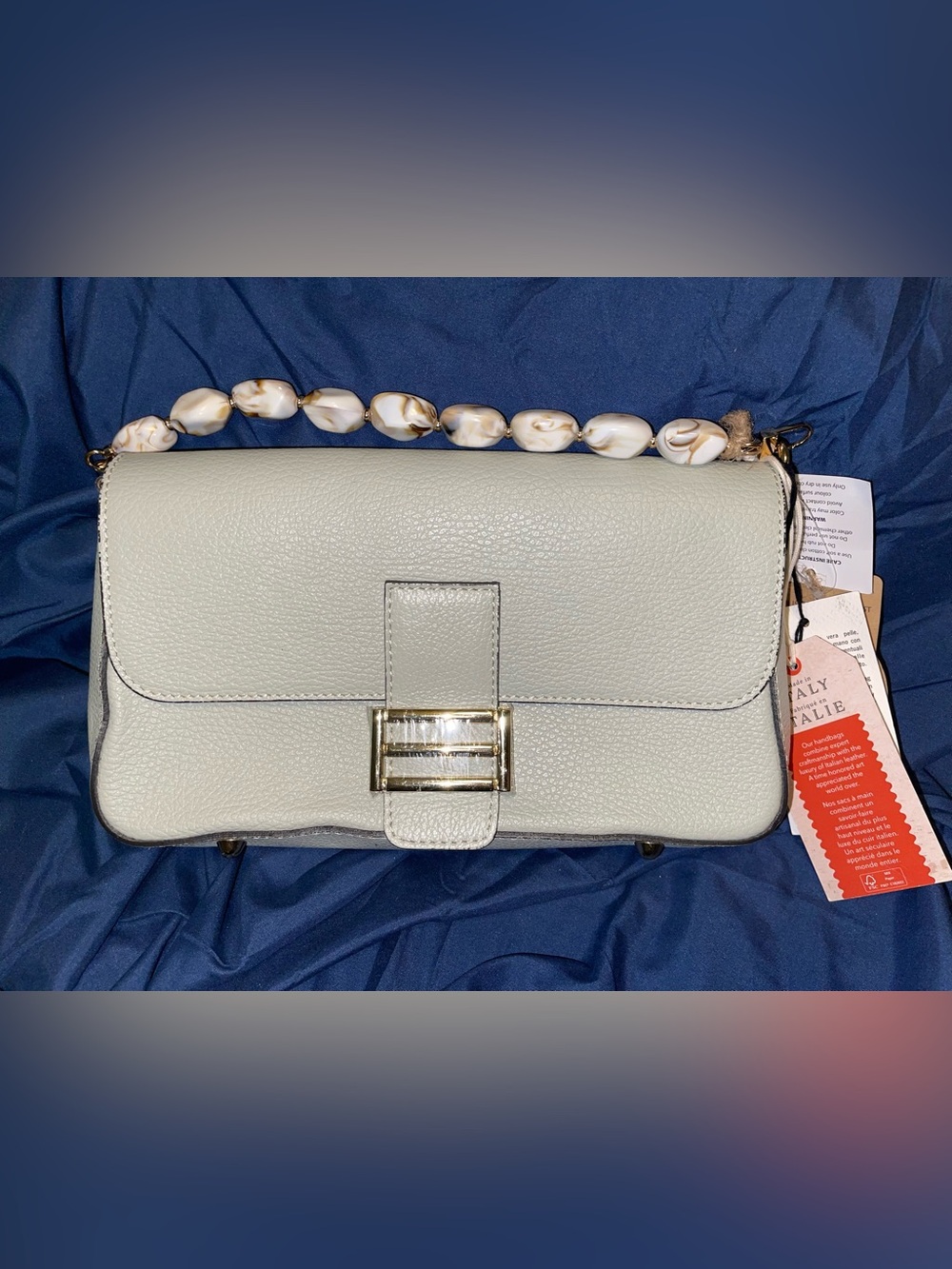 Divina Firenze Leather Clutch with Beaded Top Handle and Gold Buckle